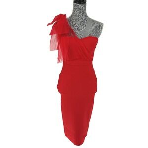 Women's Red One-Shoulder Tulle Bow Bandage Cocktail Dress‎ Bodycon Midi Size S